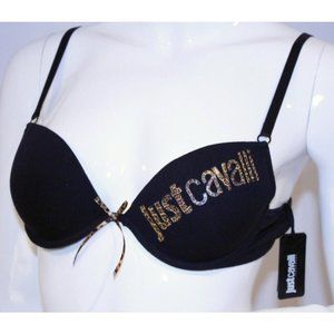 JUST CAVALLI by Roberto Cavalli PUSH-UP Padded BRA Black LEOPARD Logo & Bow 32B